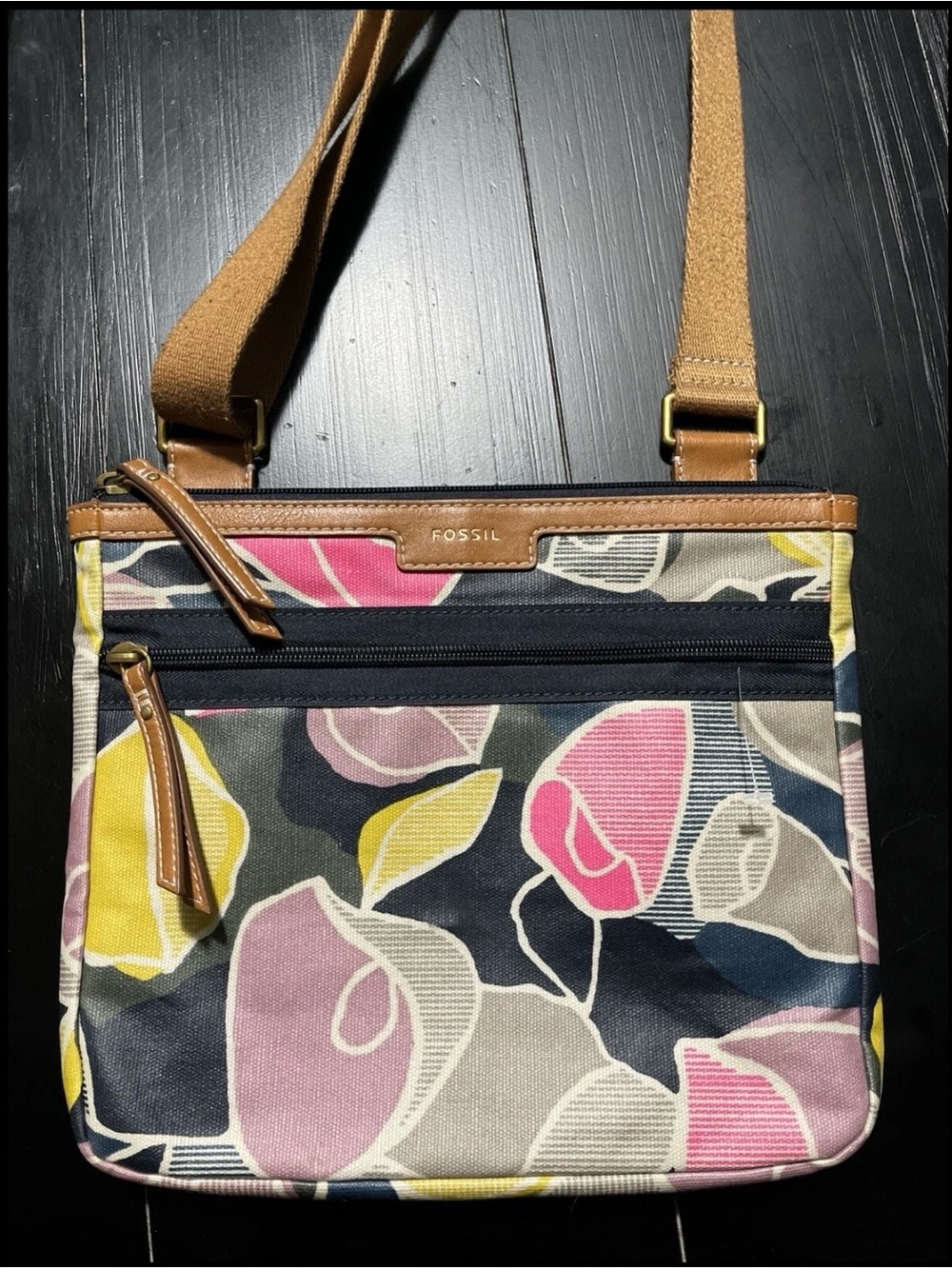 Fossil Coated Canvas Floral Print Crossbody Handbag Adjustable Shoulder Strap